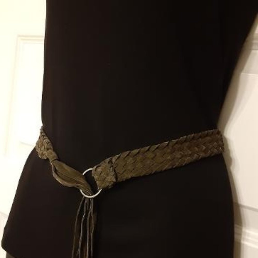 Brown Braided Woven Suede Leather Fringe Tie Belt